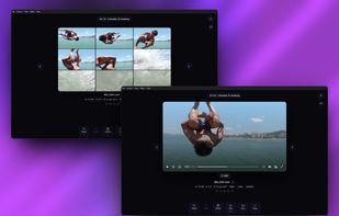 Review mode showing sampled thumbnails and the built-in video player for quickly deciding whether to Keep, Delete or Skip each clip.