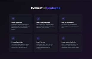 Main features: automatic detection, one-click download, streaming support and local processing.