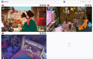 Three live streams playing side by side in a four-tile grid on the web app, with the grid size selector in the top bar.