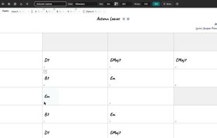 The chord sheet: song form, sections, repeats and endings, with the style, key and tempo in the toolbar.