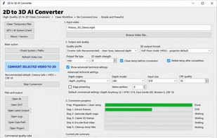 Vistora AI 3D main interface showing 2D-to-3D conversion settings, Half Over-Under output, depth controls, and conversion progress.