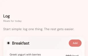 Food log: the day's meals with per-item calories and macros.