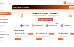 The campaign generator hub lets you start building a strategy in minutes. From here, you can create campaign strategies with one click, access tools like the Email Validator, Subject Line Generator, and Domain Health Checker, and revisit recently generated campaigns to stay organized.