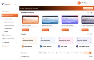 The main dashboard gives you an overview of VitaMail’s tools and resources. It provides quick access to the Email Validator, Subject Generator, Email Builder, and Domain Health Checker, plus short product demos in the “What’s New” section. You can also manage imported lists, templates, and generated subjects in one place.