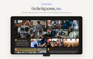 The same feed in the dark social wall layout, shown full screen on a display at an event. Sample content.