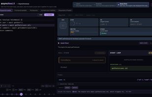 Watch async/await suspend the call stack, queue a microtask and hand control back to the event loop, step by step.