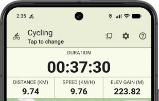 Live cycling activity screen showing the recorded route, duration, distance, speed and elevation gain.