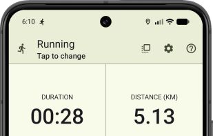 Customizable live activity data showing duration, distance, pace, calories and hydration in large, readable fields.
