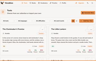 Instantly find something to read from a collection of public texts shared by other learners. Contribute your own stories, or use AI to generate new ones.