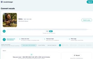The converter: upload or record a vocal, pick a singer, convert, and download a WAV