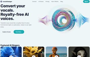 VocalChanger homepage: royalty-free AI singing voices to convert your vocals into