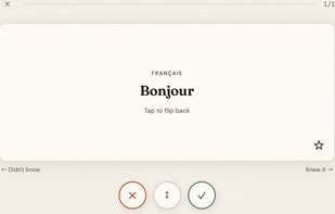 A flashcard flipping between Bonjour and Hello.