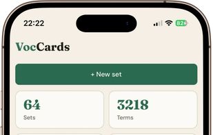 Screenshot, showing  the dashboard with 64 sets, 3218 terms, 79% known and a 94 days streak.