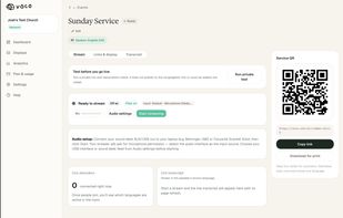 This is the new service/live service screen. The user can select the audio settings and check the transcription.
