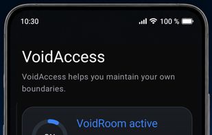 The central dashboard shows the "VoidRoom" status, remaining focus time, and current system health at a glance.
