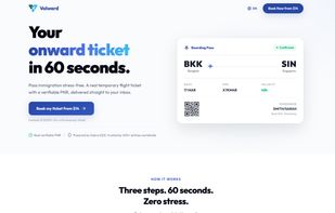 Volward homepage — search for proof of onward travel by route and date, with real airline reservations starting at $14