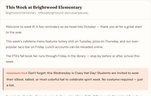 A long school newsletter with the one date that matters buried in paragraph four.