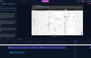 Vorec editor with generated narration, voice settings, video preview and a timeline for a software tutorial.
