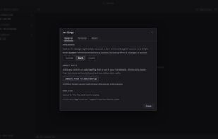 Settings, with the dark, light and system appearance choice and the one-shot importer for an existing OpenSSH config file.