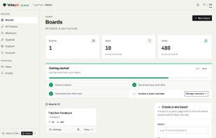 Admin dashboard: boards, ideas and votes at a glance, with team roles and moderation.
