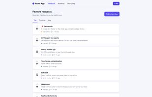 Public feedback board — customers submit ideas and upvote, sorted by Top / Trending / New