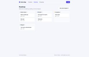 Public roadmap — ideas move through Under review, Planned, In progress, and Shipped