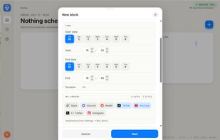 Creating a block: pick a time range and the apps or sites to block. You also choose the free release delay here.
