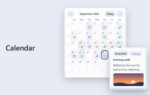 Calendar view: each day with an entry shows its category icon. Tap a day to see that day's entries.