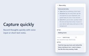 Writing an entry: add a short topic, then tap the microphone on your keyboard and speak, or type. The category is picked automatically from the topic.