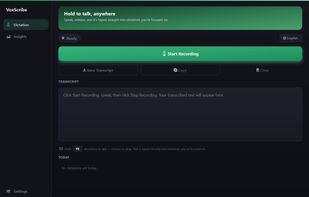 VoxScribe ready to record, hold the hotkey to start dictating