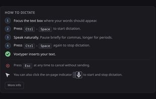 How to dictate: focus a text box, press Ctrl+Space, speak naturally (pause for commas, longer for periods), and press again to stop - Voxtyper inserts your text.