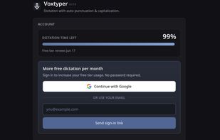 Your account and free dictation allowance - see how much time is left and sign in with Google or a no-password email link for more free minutes each month.