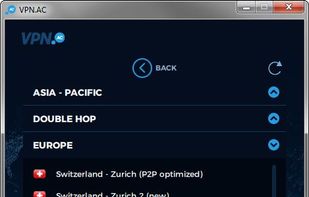 VPN.ac Client Software - Connect tab - Servers list