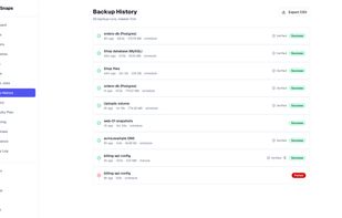 Every backup run in one list, newest first, with its size and how long it took. Checked backups are marked "Verified", and failures stand out in red.