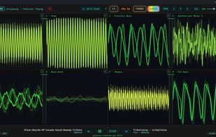 Playing an Amiga MOD file, with one oscilloscope per channel coloured by frequency.