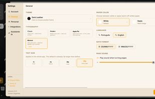 General settings with leather themes, typography, paper colors and language options.