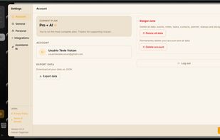 Account settings showing the active subscription plan (Pro + AI) and data options.