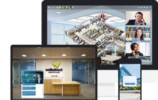 Walkabout Workplace custom landing page, virtual receptionist, heads-up display floor plan.