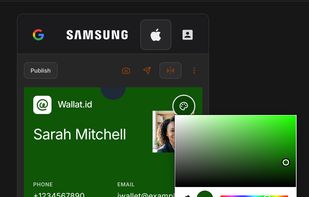The color picker lets you set your brand colors once, and they apply across all wallet platforms — Apple, Google, Samsung — automatically sized and optimized for each one.