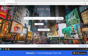 Minimalist Google search bar paired with iconic Times Square views and live local time.