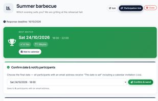 Results with bar chart and best match. Confirm the date and send a calendar invitation.