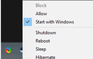 Wardoff system tray menu in Block mode, with quick access to Block/Allow, autostart, shutdown, reboot, sleep, and hibernate controls.