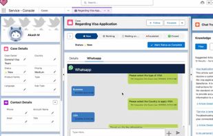 WhatsApp chat embedded directly inside a Service Case record.