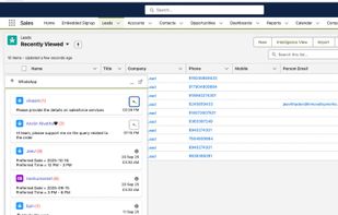 WhatsApp chat utility open over a Sales Leads list view.