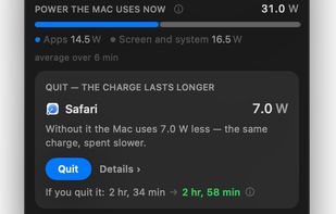 Power in real watts per app, and the receipt: what quitting Safari is worth in minutes.