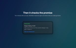 Then it checks the promise: two minutes after you quit, WattMate measures again and shows what you really got back.