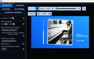 Project settings tab, and a project with bar visualizers, time text and classic text, a timer, an image and a background (shape).
