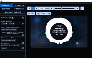 Project settings tab, and a project with 2 bar visualizers, a circle shape, text, timers and a background (shape with image fill)
