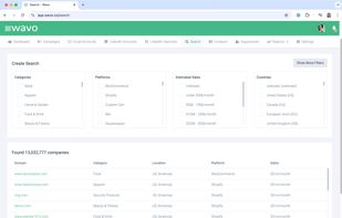 Discover untapped e-commerce opportunities using Wavo’s advanced contact search. Apply robust filters to navigate 13 million companies, accessing targeted prospects efficiently with comprehensive data at your fingertips.