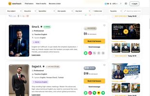 Tutor cards with intro video, teaching samples and next free slot